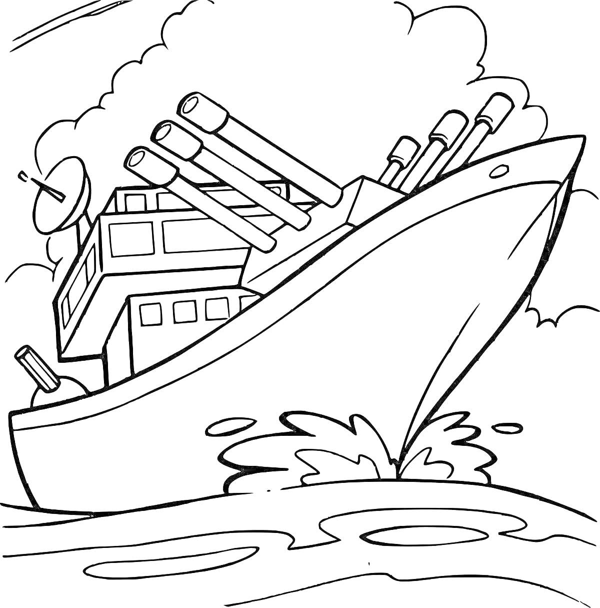 На раскраске изображено: Пароход, Корабль, Вода, Облака, Для детей