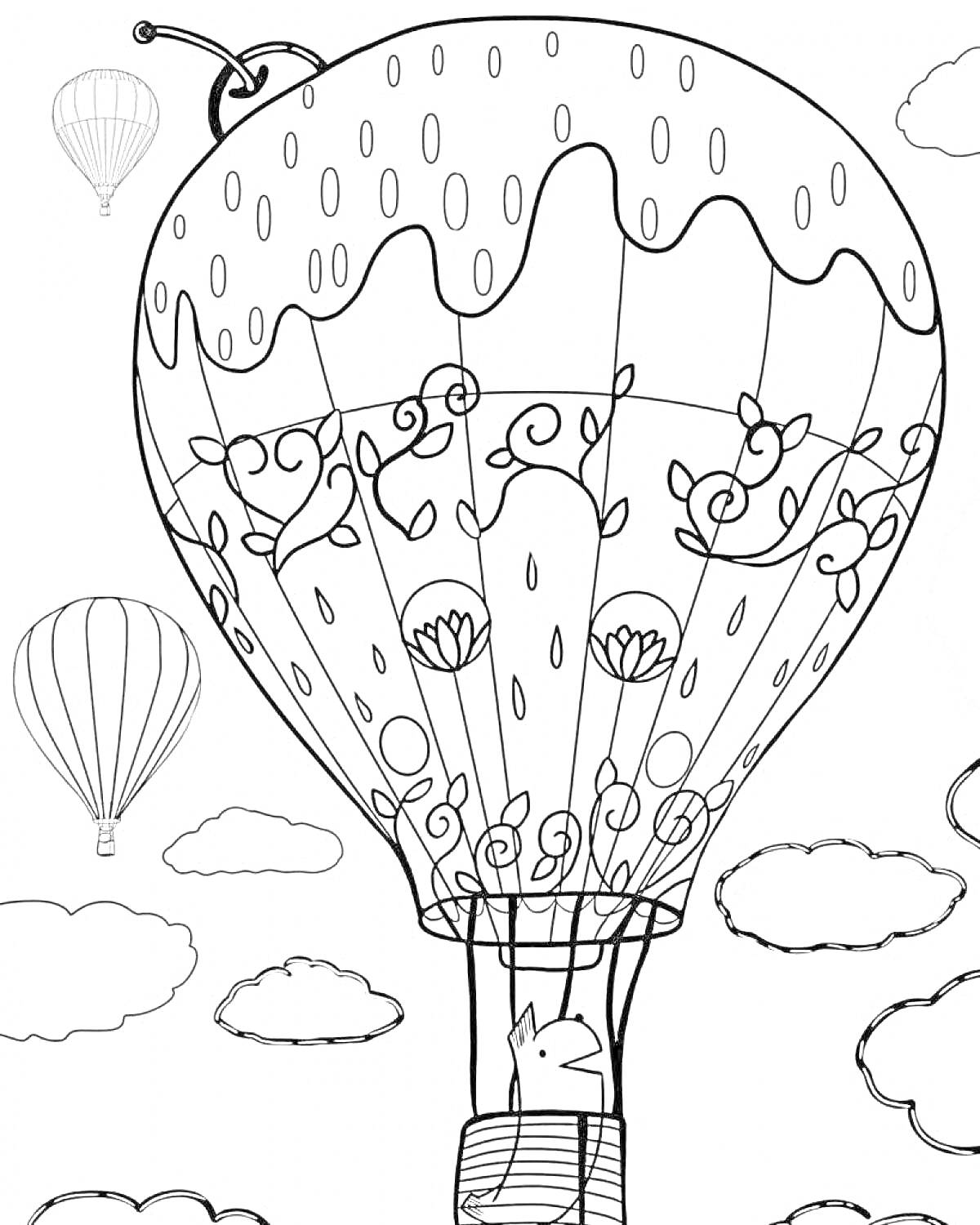 Раскраска воздушный шар с узорной оболочкой и фигуркой животного в корзине, окружающие воздушные шары и облака