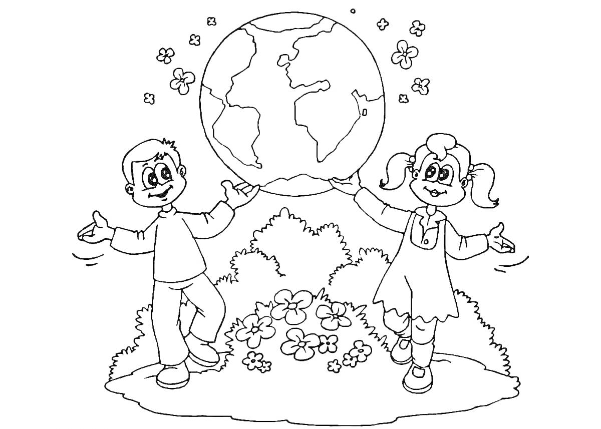 На раскраске изображено: Мальчик, Девочка, Глобус, Цветы, Кусты, Природа, Радость, Планета Земля, Дружба