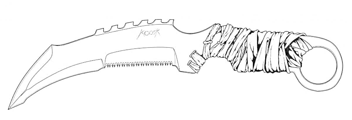Раскраска Нож карамбит с обмотанным рукояткой и зазубренным лезвием