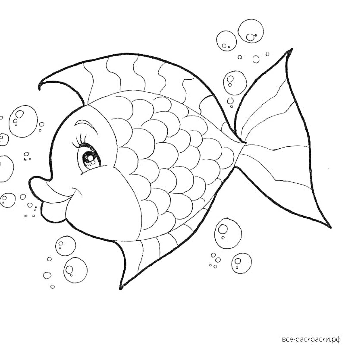 На раскраске изображено: Золотая рыбка, Пузыри, Подводный мир, Чешуя, Море