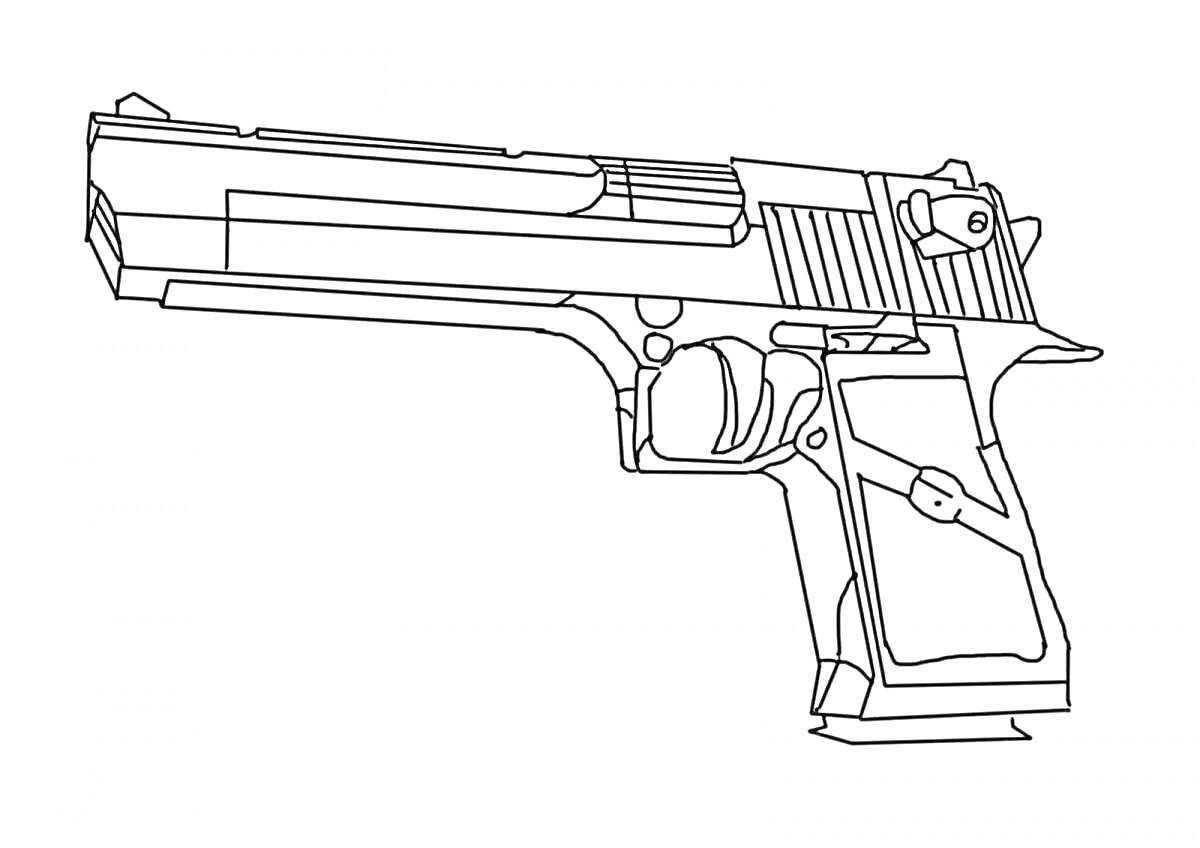 Раскраска Deagle (Desert Eagle) - пистолет с детализированными элементами спускового крючка, затвора и эргономичной рукоятки