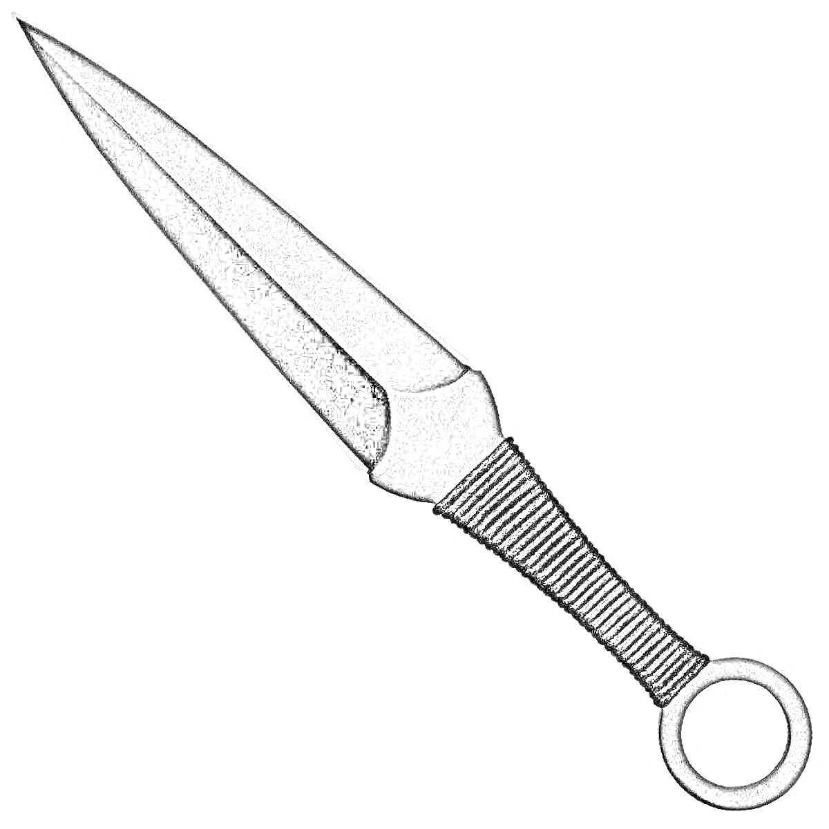 Раскраска Черный нож кунай с ребрышками и кольцом на рукоятке