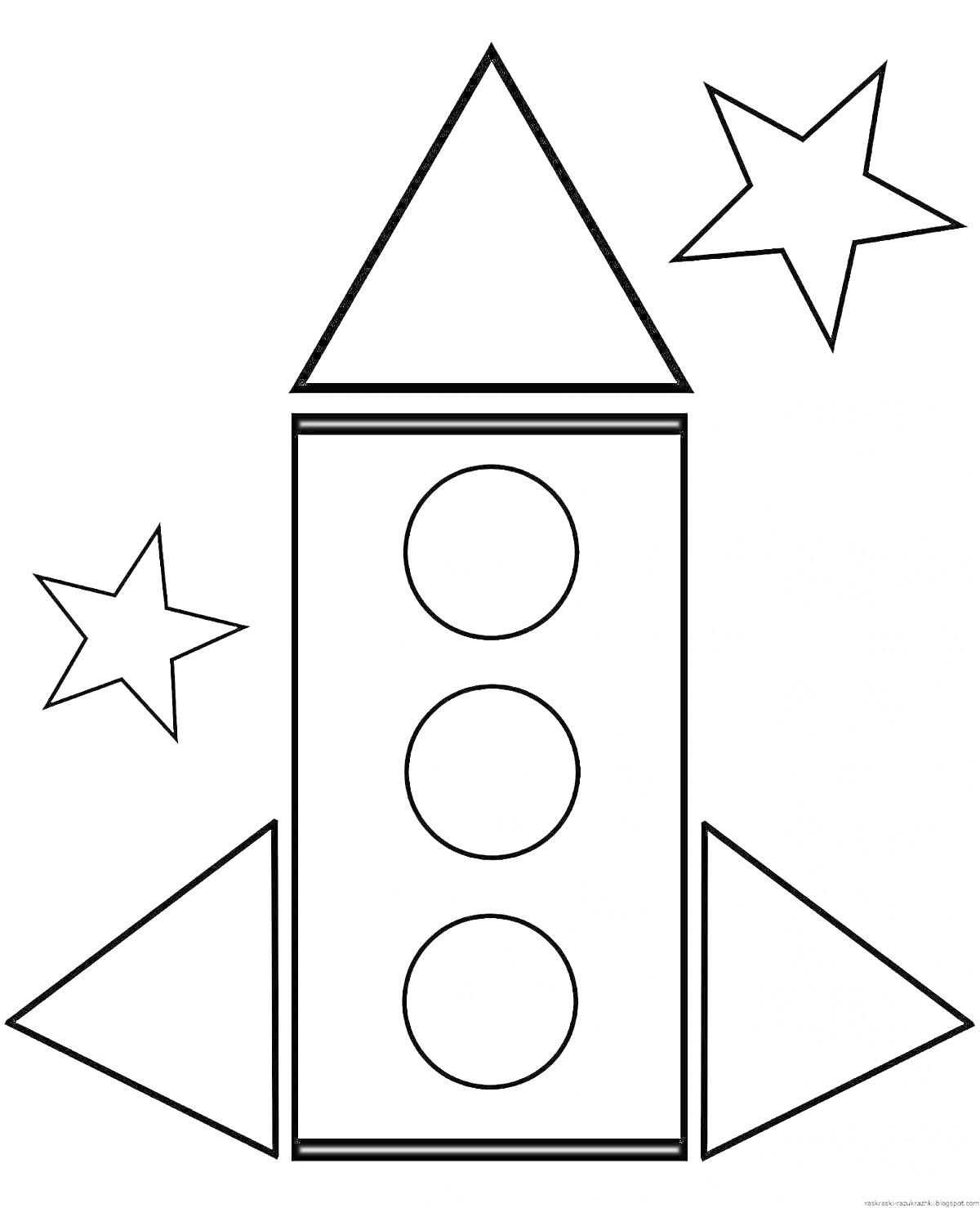 Раскраска Ракета с тремя круглыми окнами, двумя звездами и треугольными крыльями