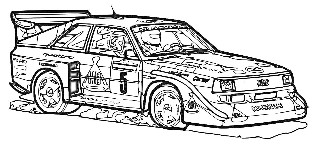 Раскраска Турбо машина на гонках с номерами, спойлером, спонсорскими наклейками и водителем внутри