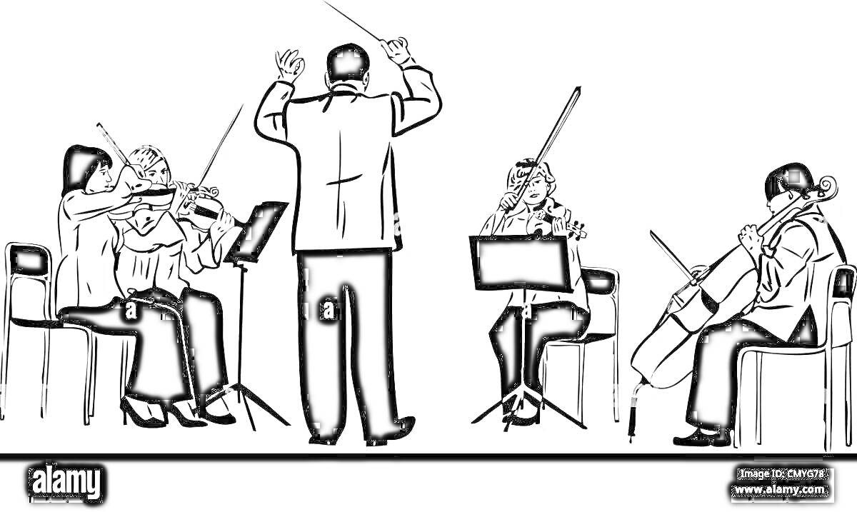 На раскраске изображено: Дирижер, Музыканты, Ансамбль, Скрипка, Виолончель, Ноты, Хоровод