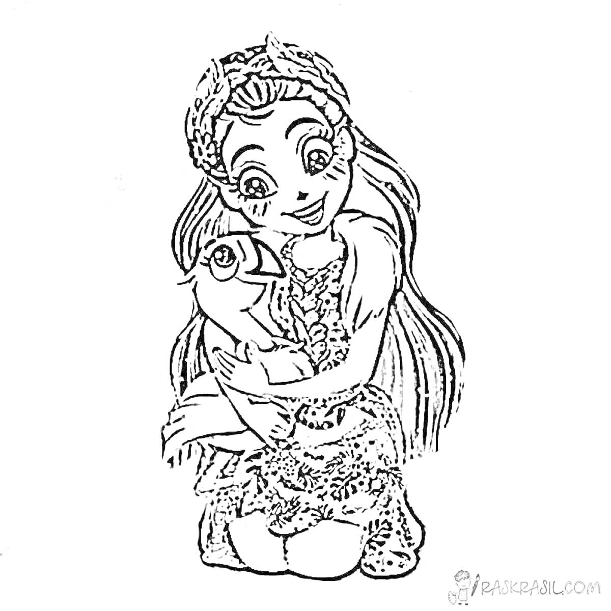 На раскраске изображено: Энчантималс, Девочка, Сова, Длинные волосы, Венок, Цветы