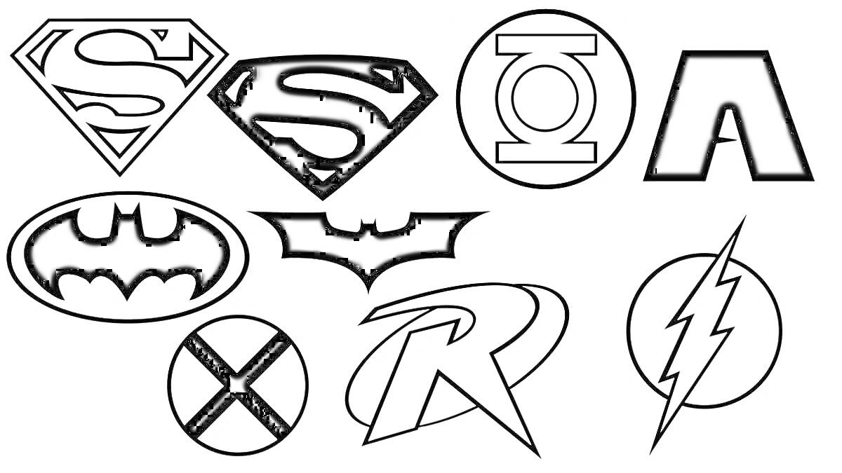 Раскраска Супергеройские логотипы. Символы: Superman, Green Lantern, Aquaman, Batman, Flash, Robin, X-Men.