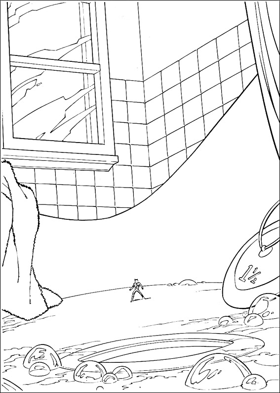 Раскраска Человек-муравей на кухне с окном, занавесками, губкой, пеной и тарелкой