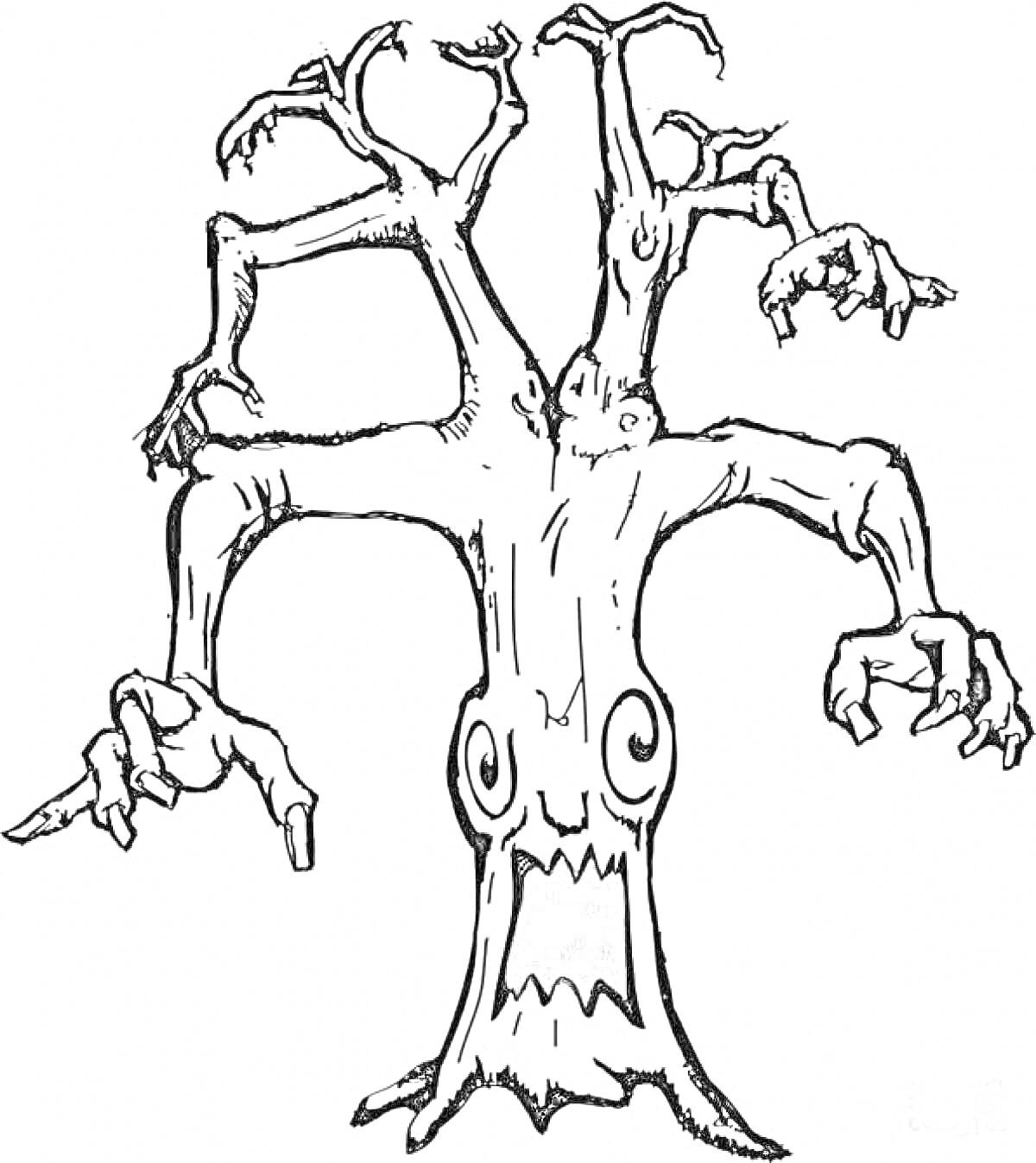 Раскраска Дерево с лицом и ветками в виде рук
