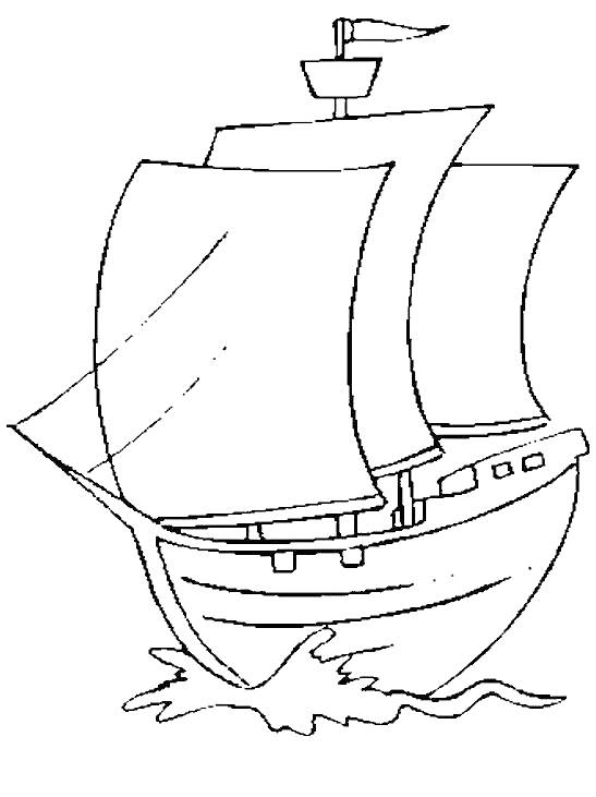 Корабль с тремя парусами и флагом, на волнах
