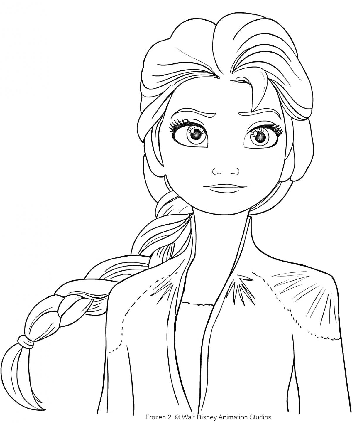 Раскраска Эльза из мультфильма «Холодное сердце 2» с косой и в платье