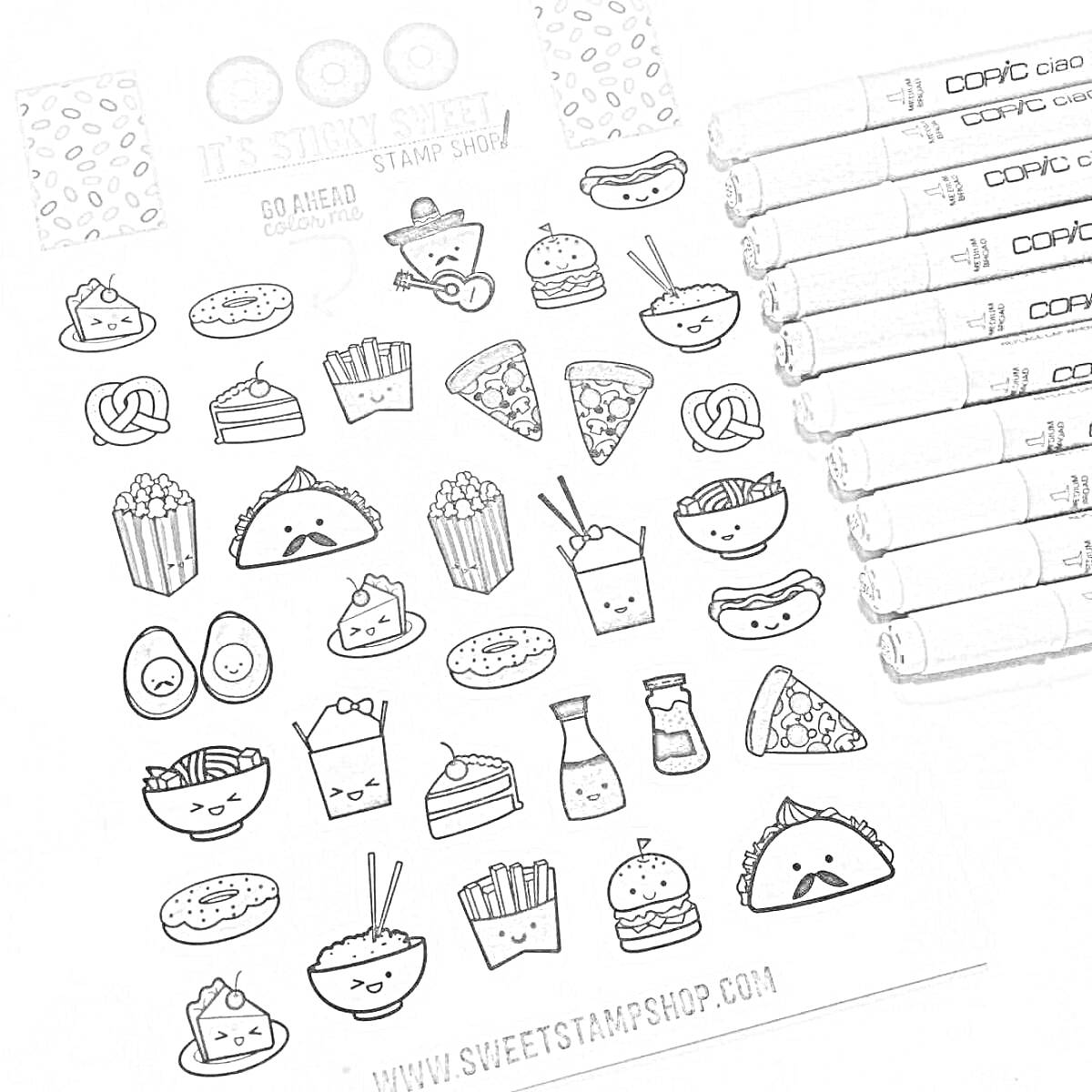 На раскраске изображено: Стикеры, Еда, Скетчбук, Сладости, Бургеры, Пицца, Суши, Кофе