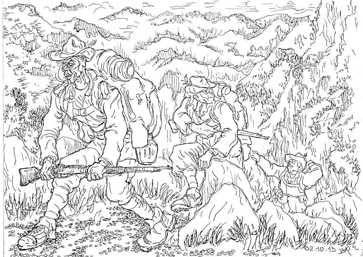 Раскраска Диверсанты в горах — три вооружённых солдата с рюкзаками пересекают горный ландшафт с деревьями и кустарниками