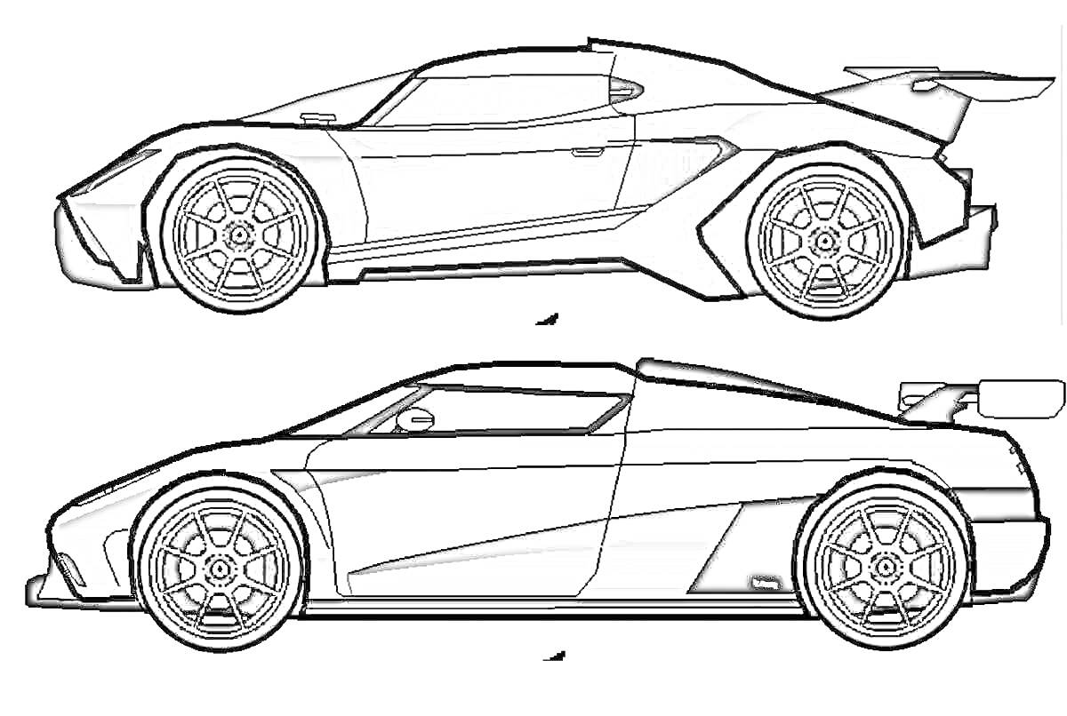 На раскраске изображено: Спортивные автомобили, Спорткар, Автоспорт, Аэродинамика