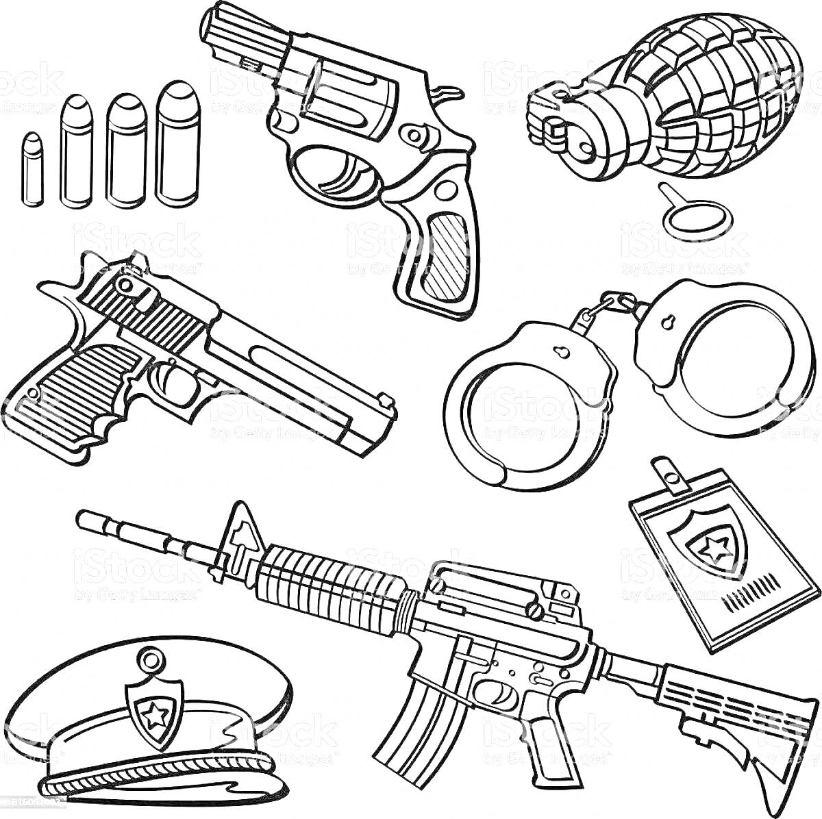 На раскраске изображено: Оружие, Револьвер, Пистолет, Ружьё, Патроны, Граната, Наручники, Удостоверение, Фуражка, Спецназ