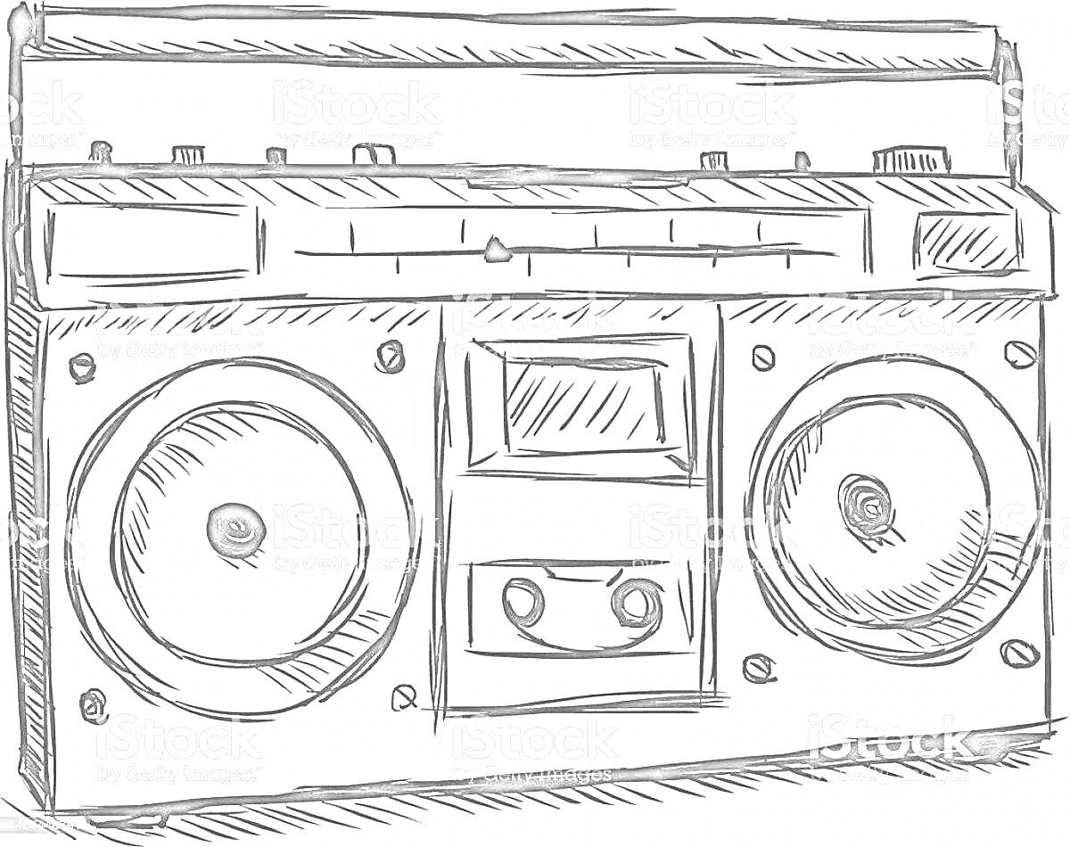 Раскраска Магнитофон с двумя динамиками, кассетной декой и панелью управления