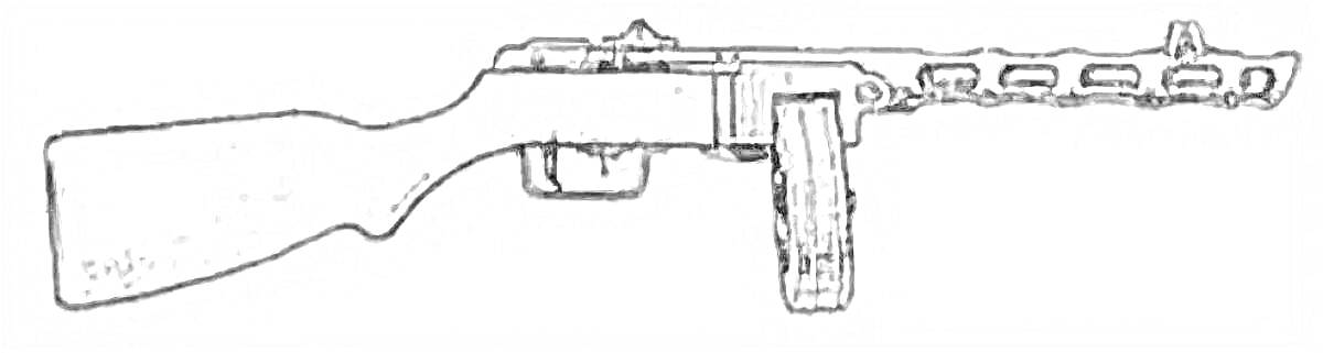 Раскраска с изображением ППШ-41 с деревянным прикладом, дисковым магазином и перфорированным кожухом ствола