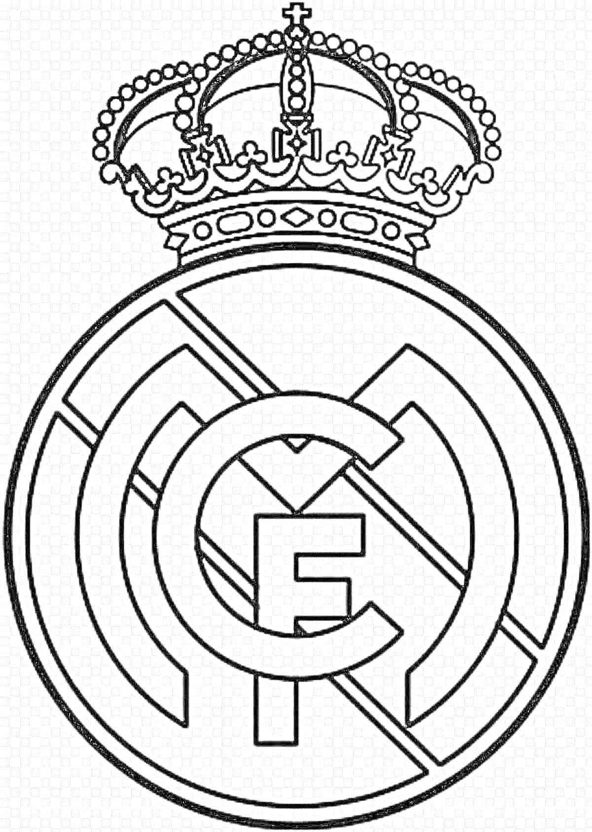 Раскраска Эмблема футбольного клуба Реал Мадрид с короной, монохромная
