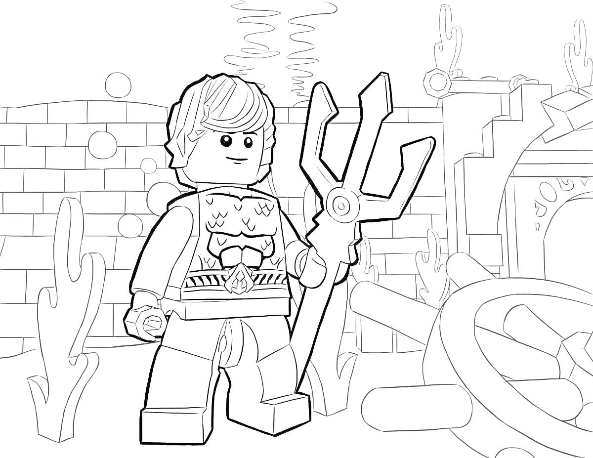 Раскраска Лего-рыцарь с трезубцем на подводных руинах