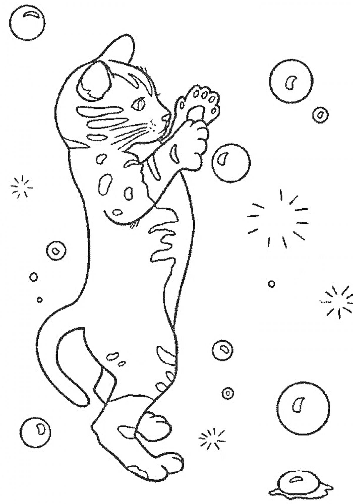 Раскраска Кошка с новогодними пузырями и снежинками
