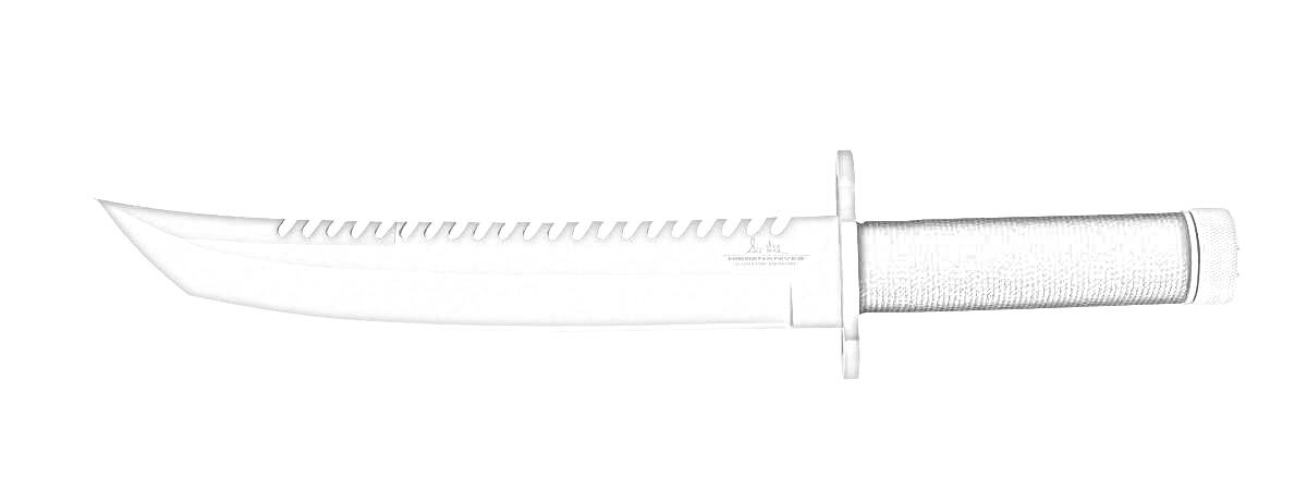 РаскраскаНож танто с прямым обухом, зубчатым лезвием, длинным черным рукоятью и защитной гардой