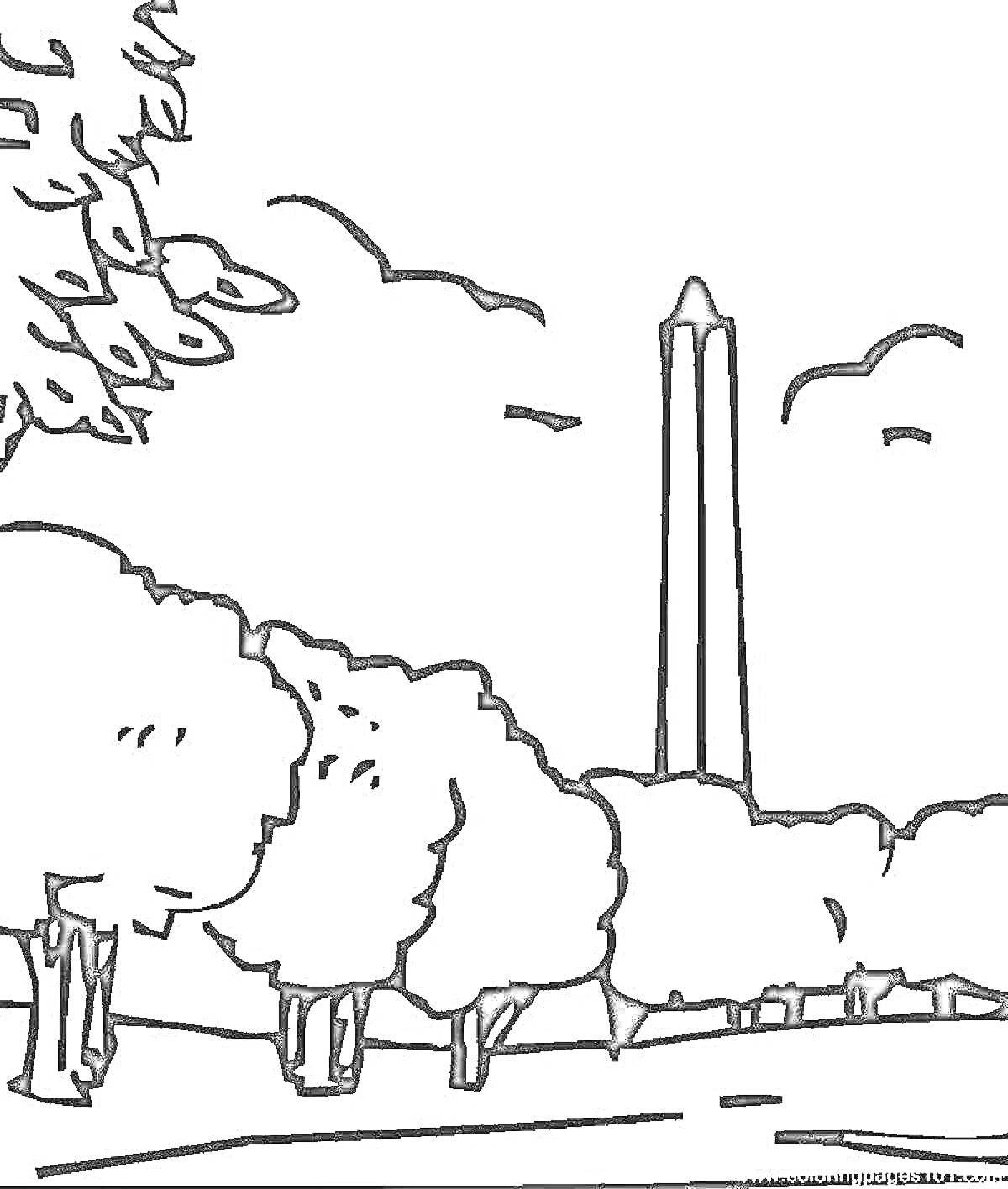 Раскраска Обелиск-стела в парке с деревьями на фоне облаков