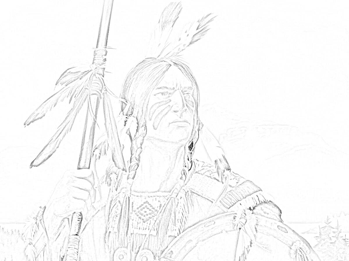 Раскраска Воин-индеец с копьём и щитом на фоне гор
