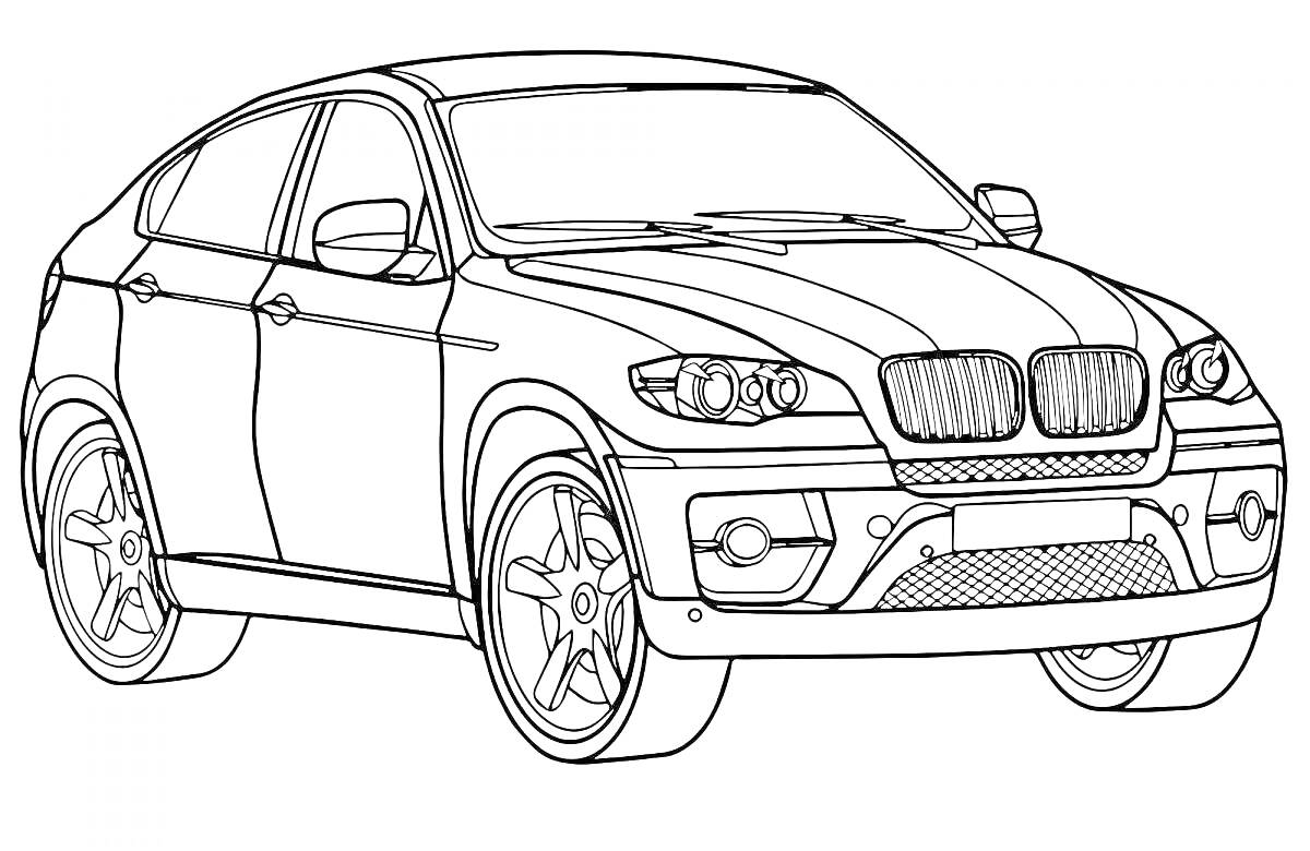 Раскраска BMW машина с деталями кузова,фарами, радиаторной решеткой, колесами, зеркалами