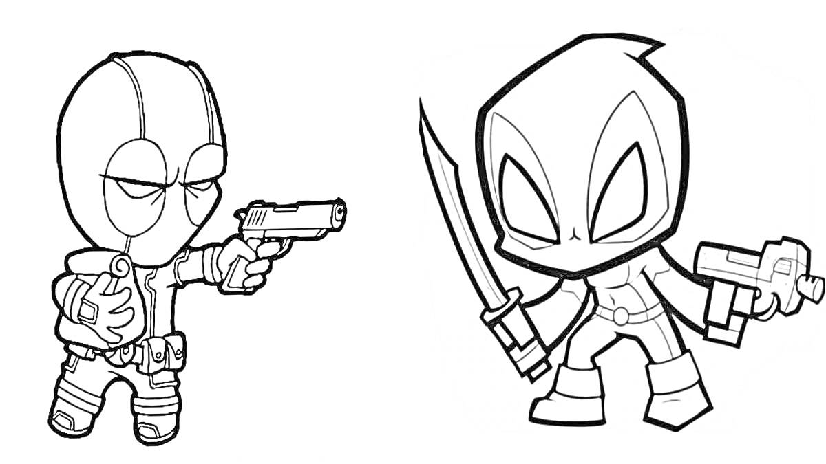 Раскраска Два персонажа с оружием, один с пистолетом, другой с мечом