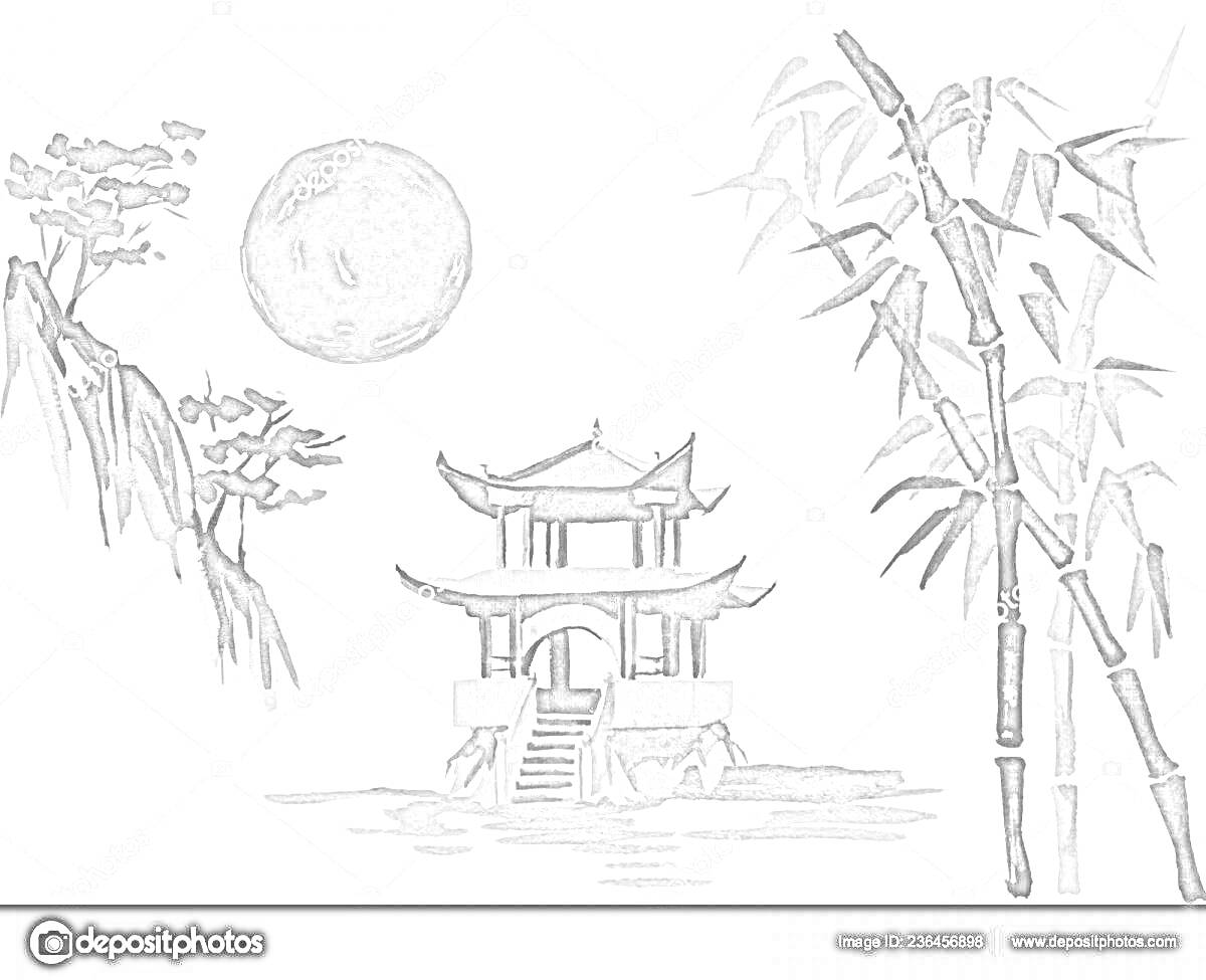 Раскраска Традиционный японский храм, солнце, бамбук и деревья на фоне гор