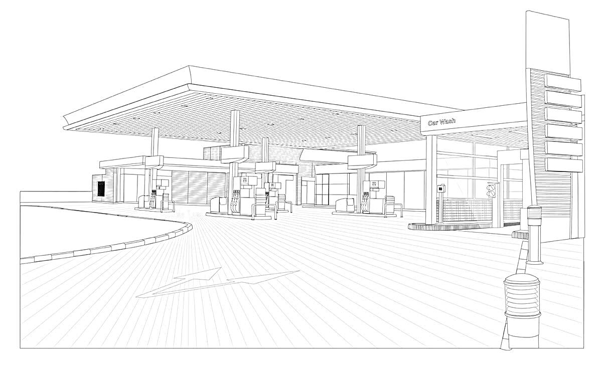 На раскраске изображено: Автозаправка, Магазин, Навес, Станция, Заправка, Транспорт