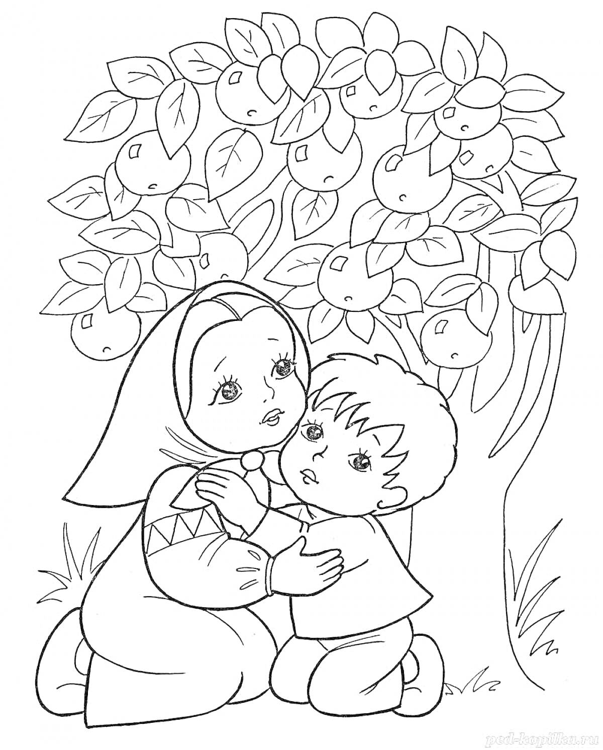 На раскраске изображено: Яблоня, Мальчик, Природа, Листья