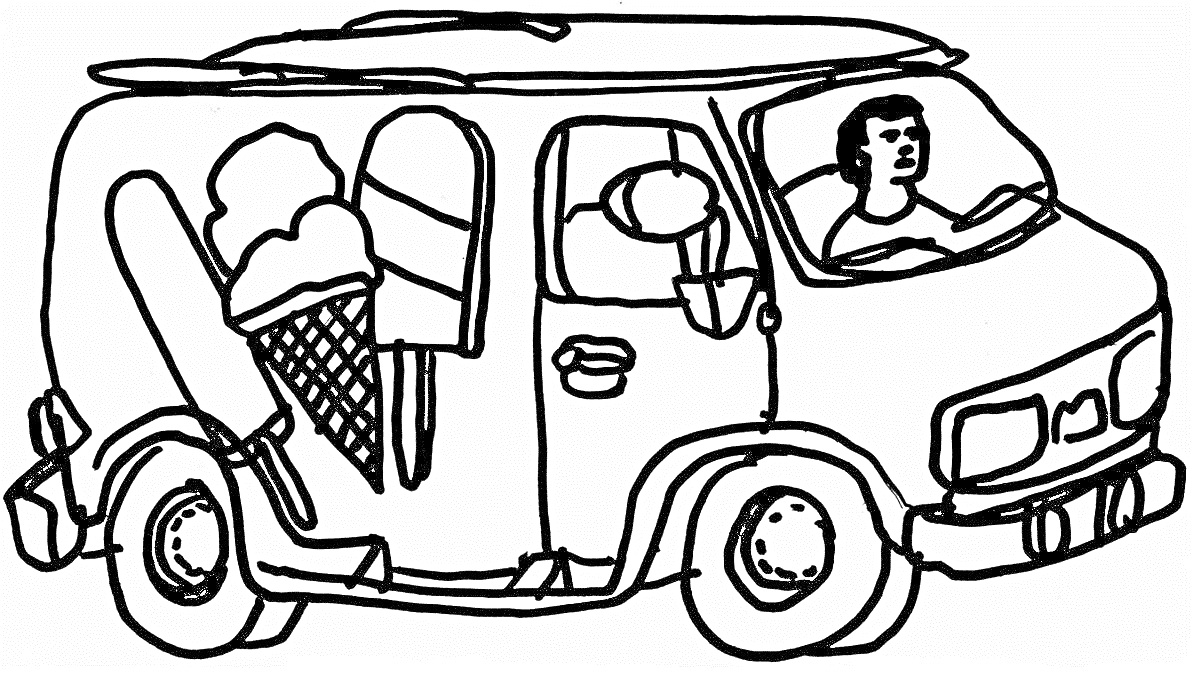 На раскраске изображено: Фургон, Мороженое, Водитель, Транспорт, Эскимо, Лето, Для детей, Авто