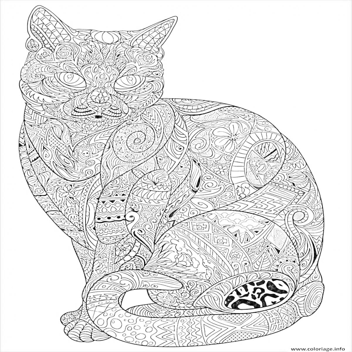 Раскраска Кошка inornament pattern (кошка, узоры, цветы, орнаменты, геометрические фигуры)