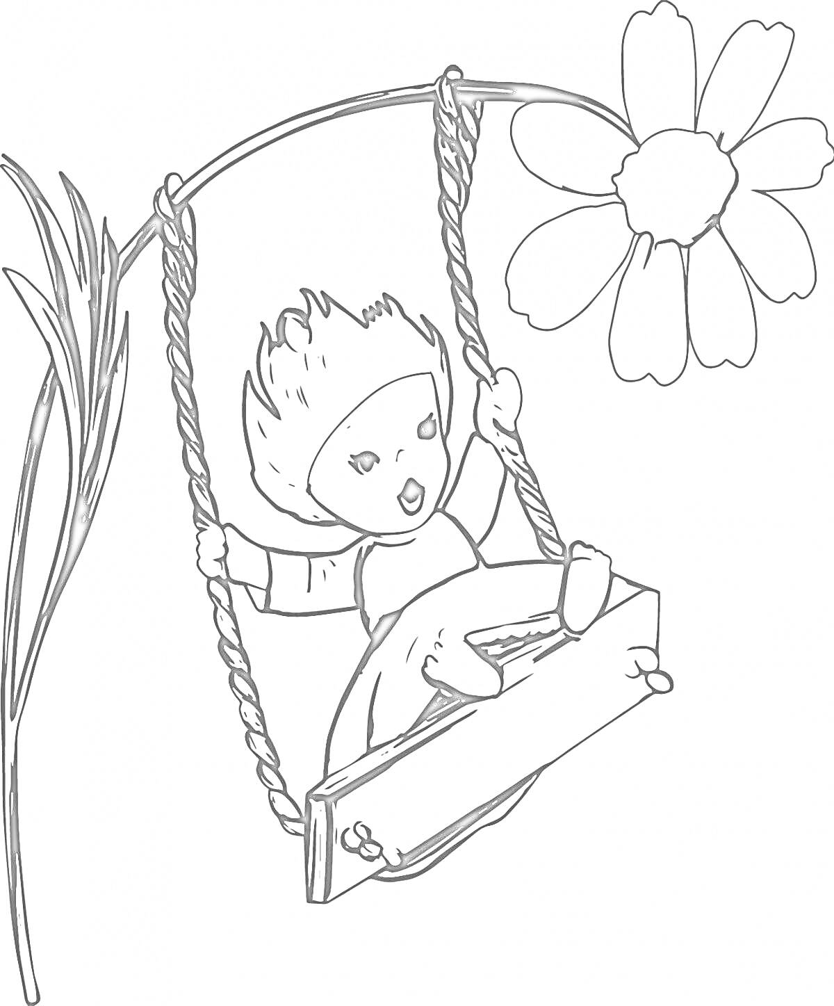 Раскраска Девочка на качелях под цветком, привязанная верёвками к ветке