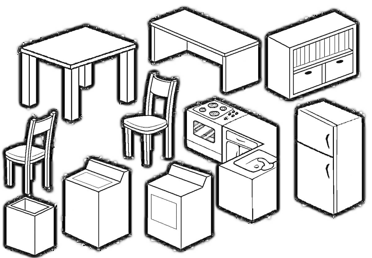 На раскраске изображено: Кухонная мебель, Стол, Стул, Табурет, Шкаф, Тумба, Стиральная машина, Плита, Духовка, Мойка, Холодильник, Мебель