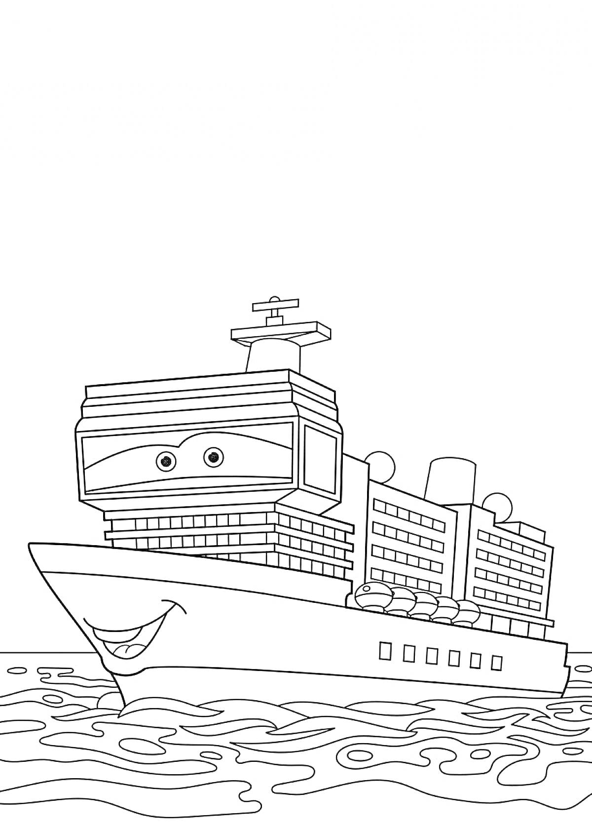 На раскраске изображено: Лайнер, Корабль, Море, Вода, Плавание, Круиз