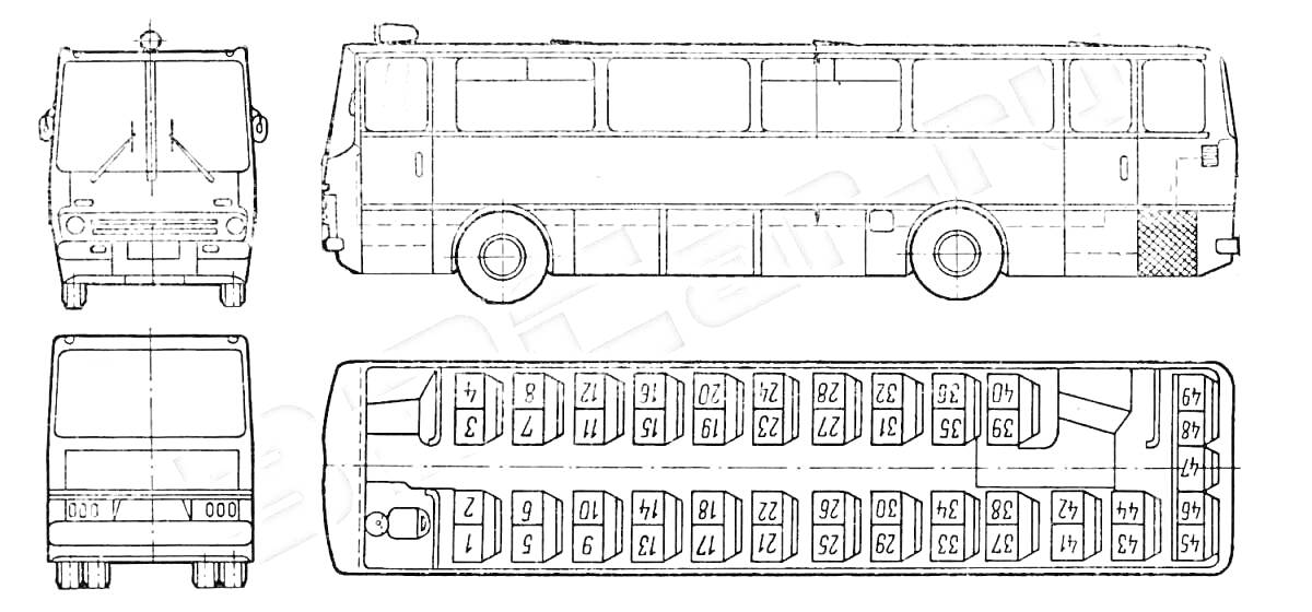 Раскраска Автобус Икарус с видами спереди, сбоку, сзади и схемой расположения сидений