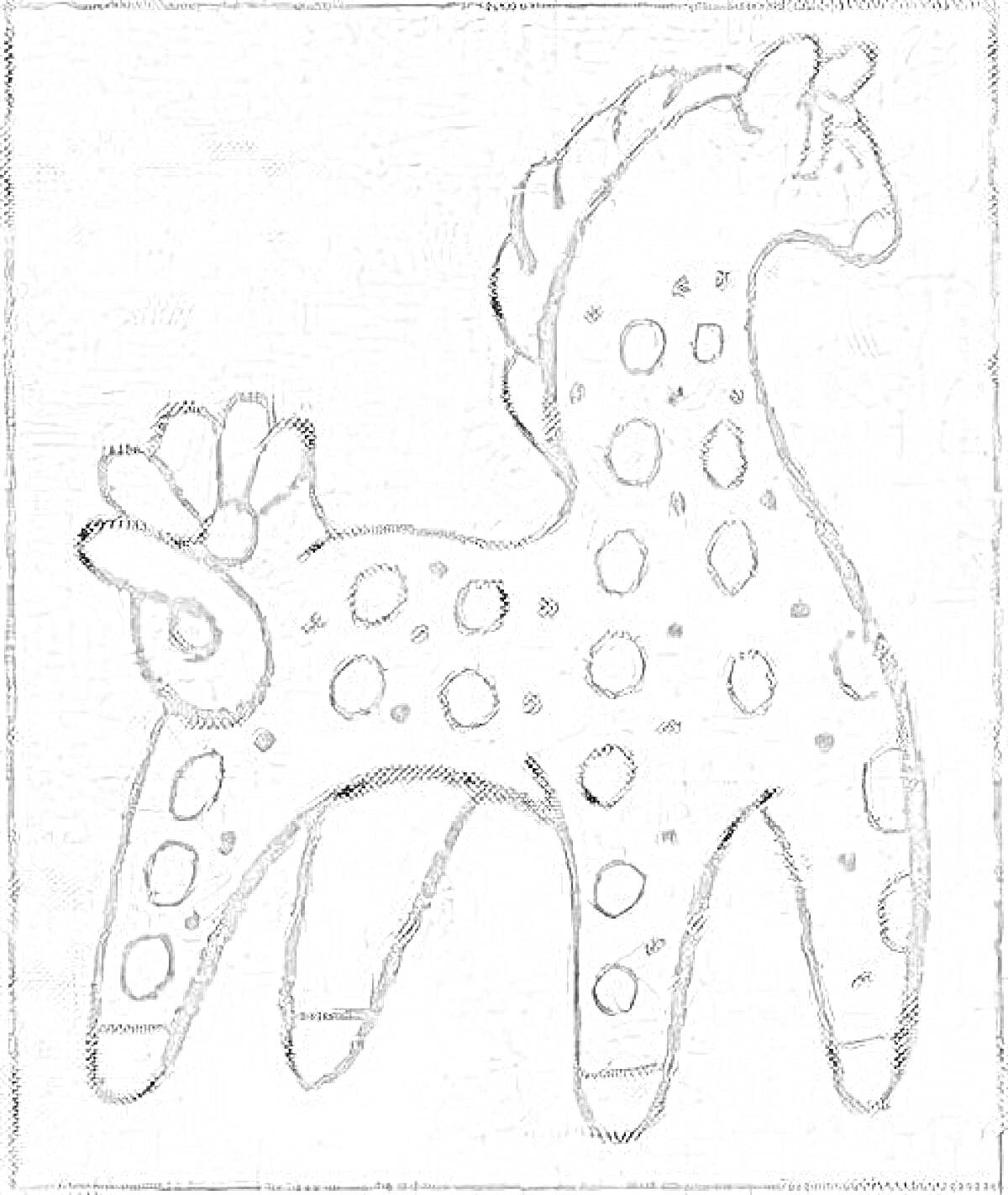 Раскраска Дымковская лошадка с кружочками на теле и хвостом из трех элементов