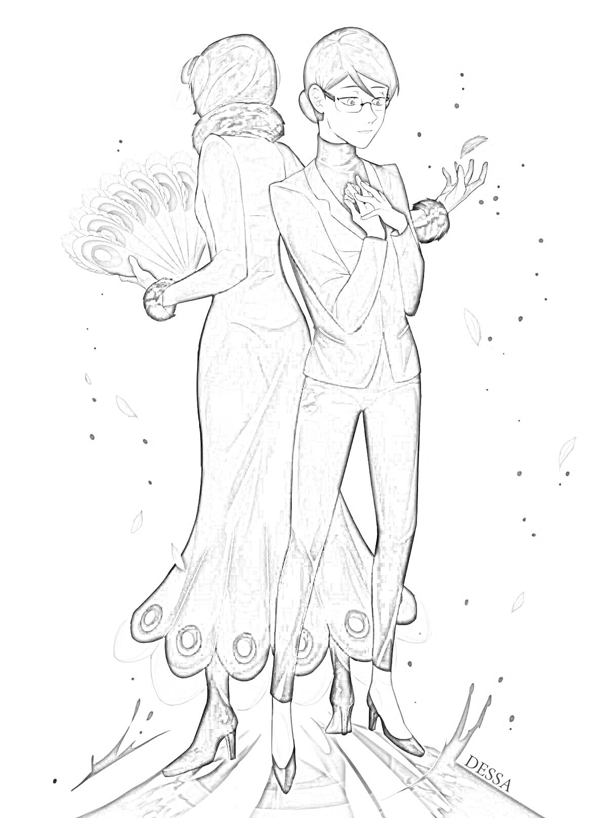 Раскраска Два персонажа спиной к спине: женщина с павлиньим хвостом и мужчина в строгом костюме