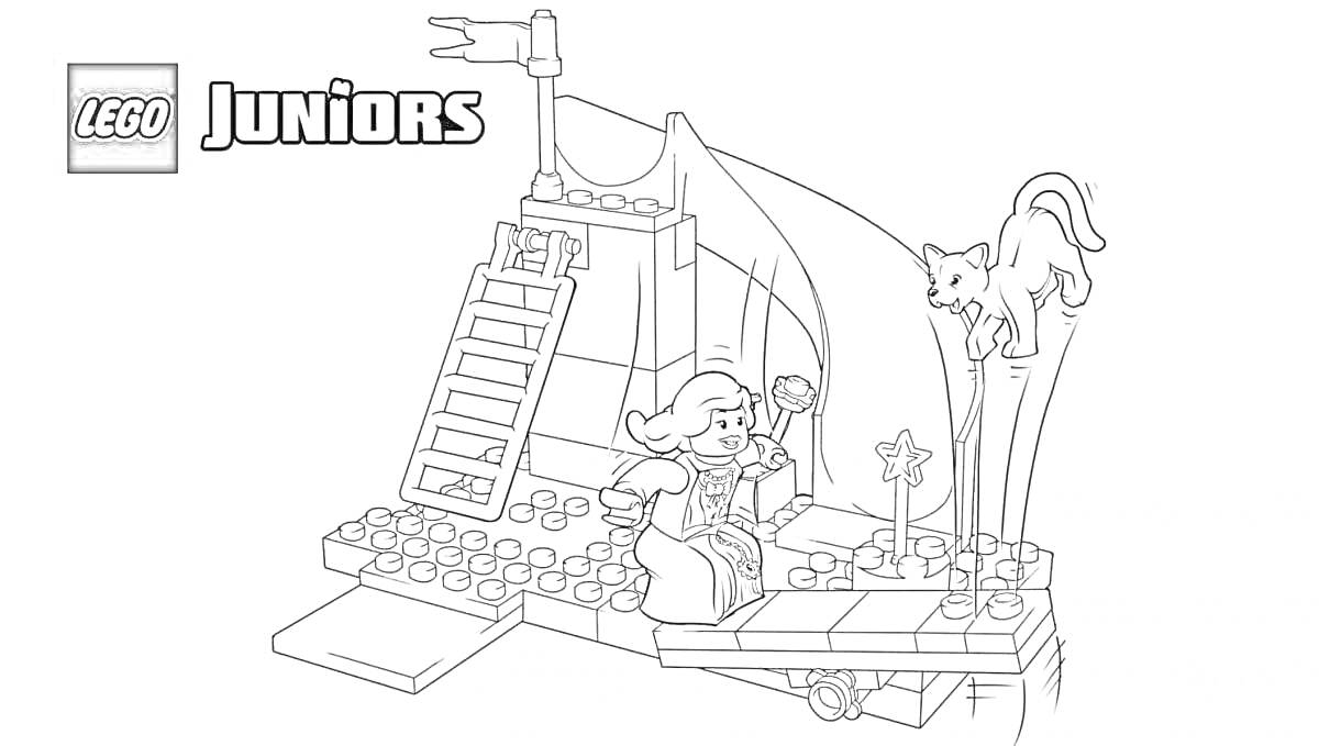 Раскраска Лего Хидден Сайт с девочкой, кошкой на парусной лодке и лестницей