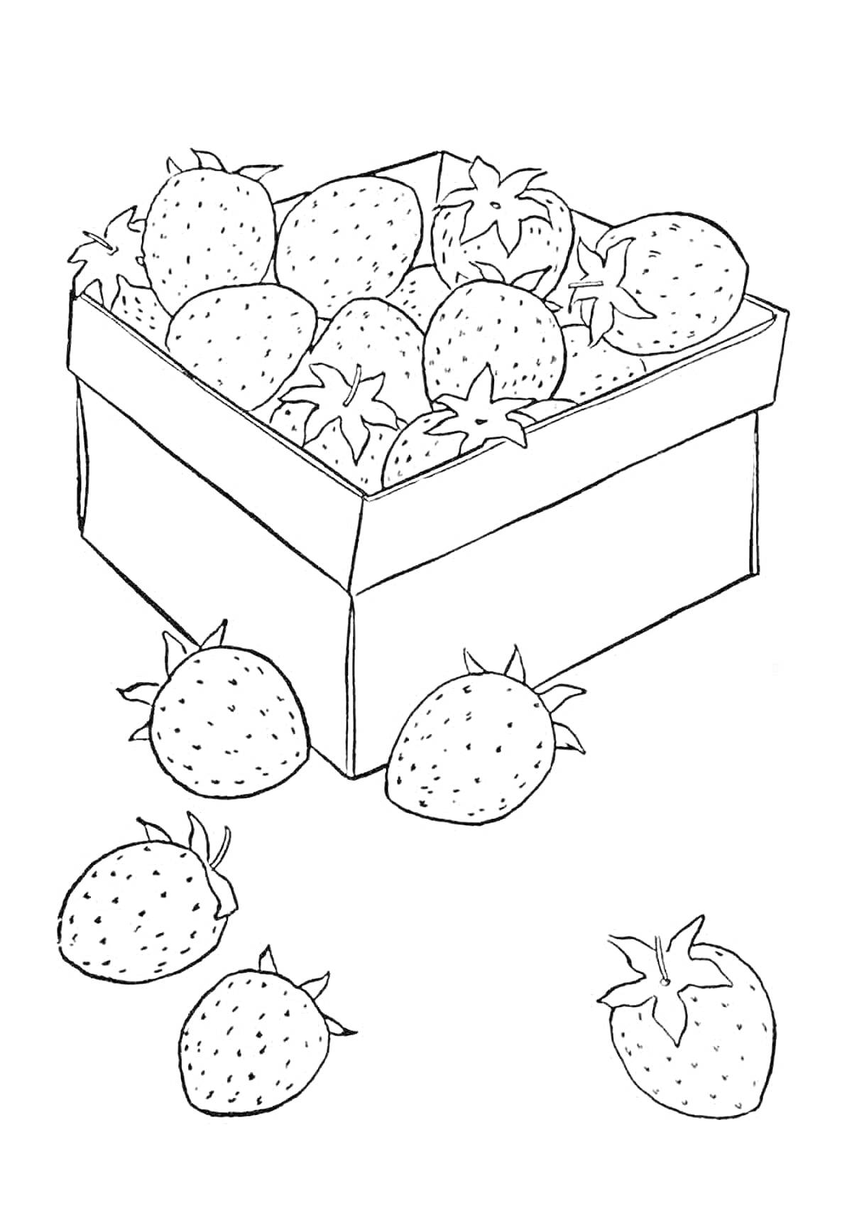 На раскраске изображено: Клубника, Коробка, Ягоды, Фрукты, Детское творчество