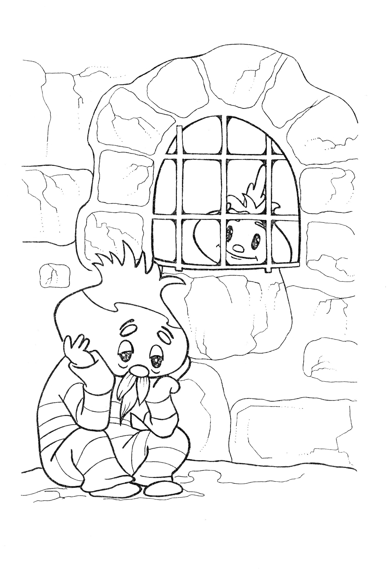 Чиполлино в тюремной камере, с другом за окном