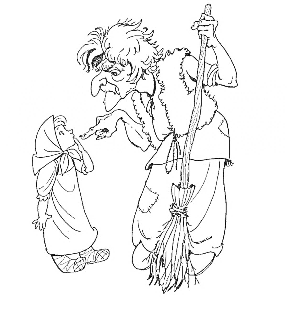 Раскраска Баба Яга с метлой и маленькая девочка в платке