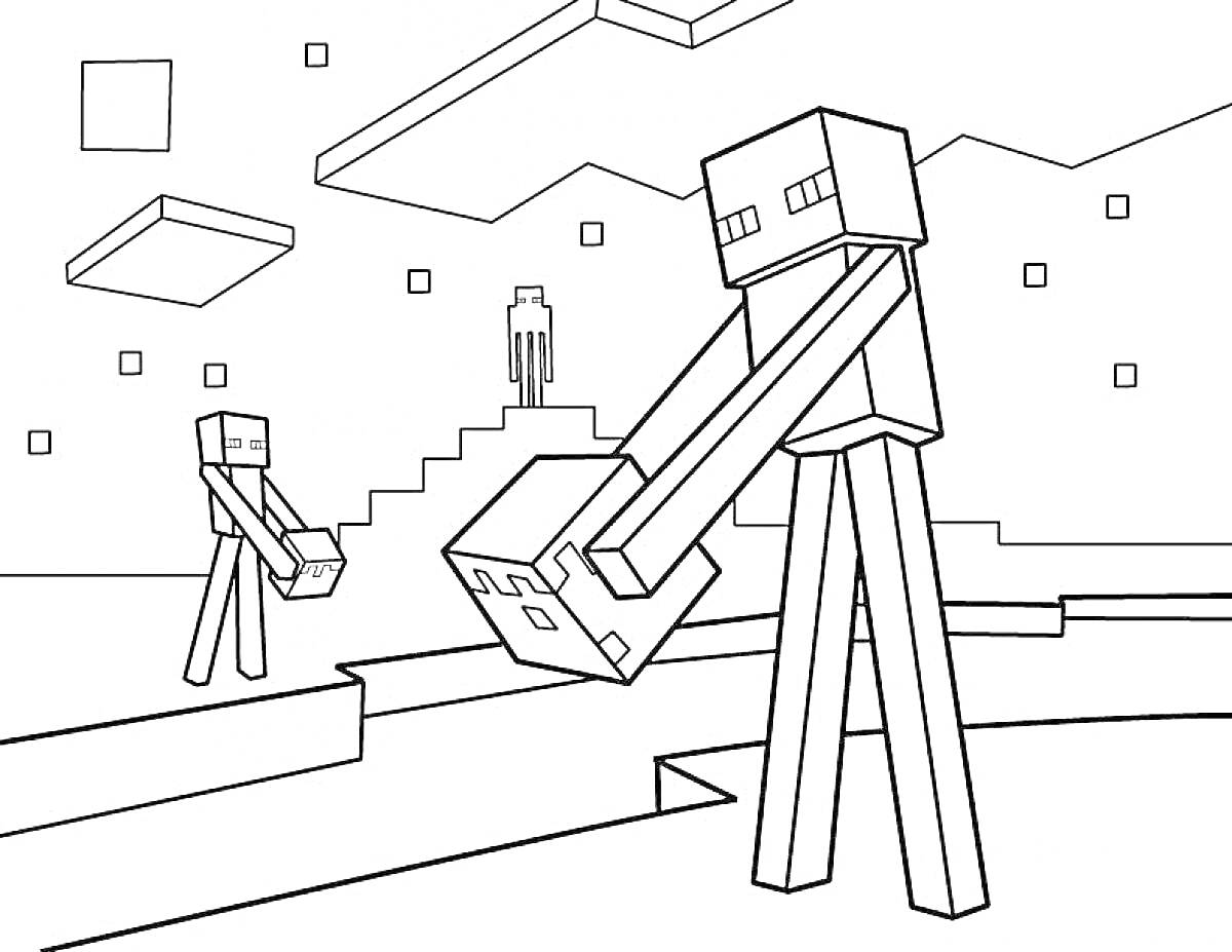 Раскраска Персонажи Майндкрафта с кирками на фоне блоков и фигур