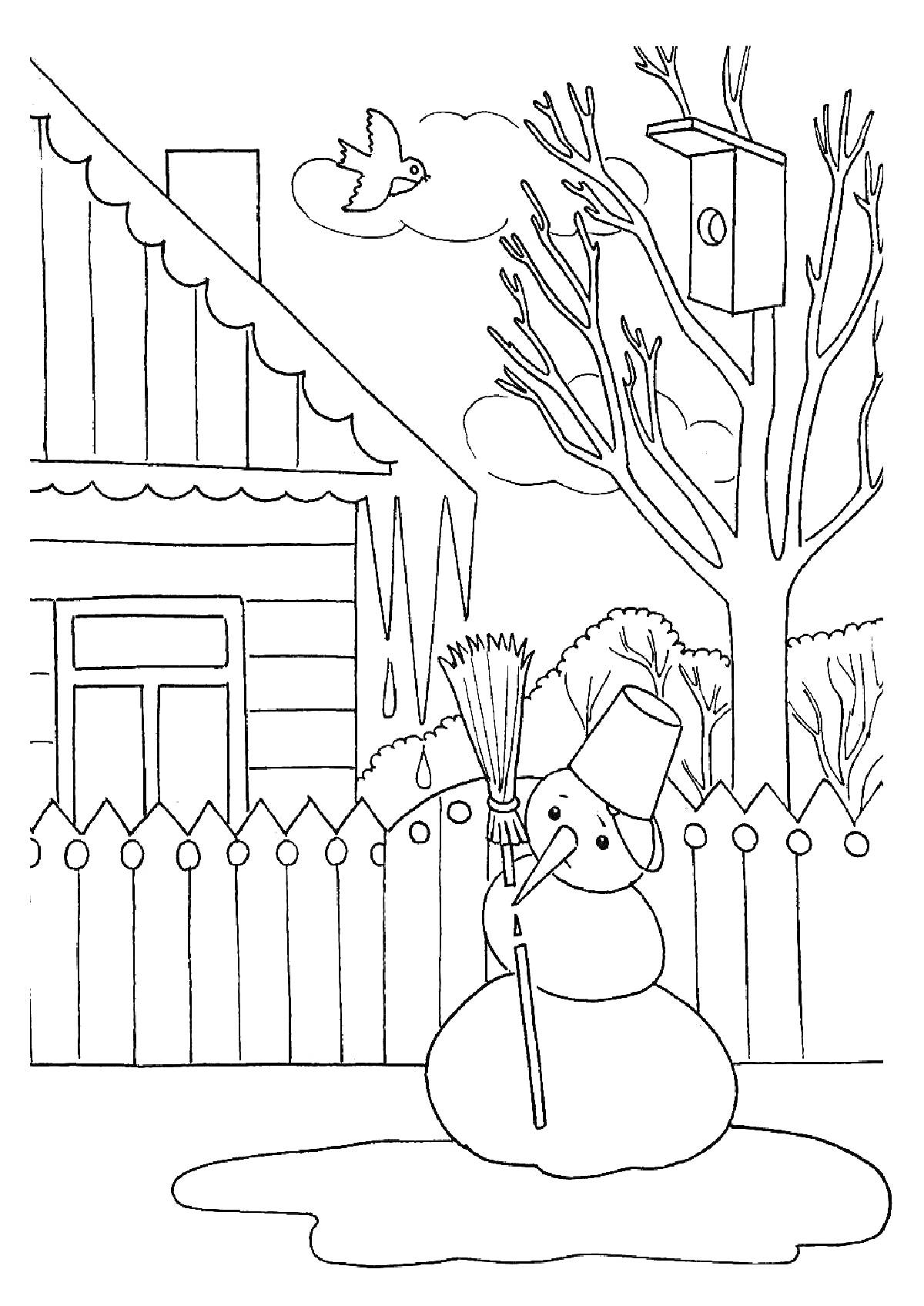 Раскраска Весенняя сцена во дворе с тающим снеговиком, деревом с птичьим домиком, птицей в полете и домом на заднем плане