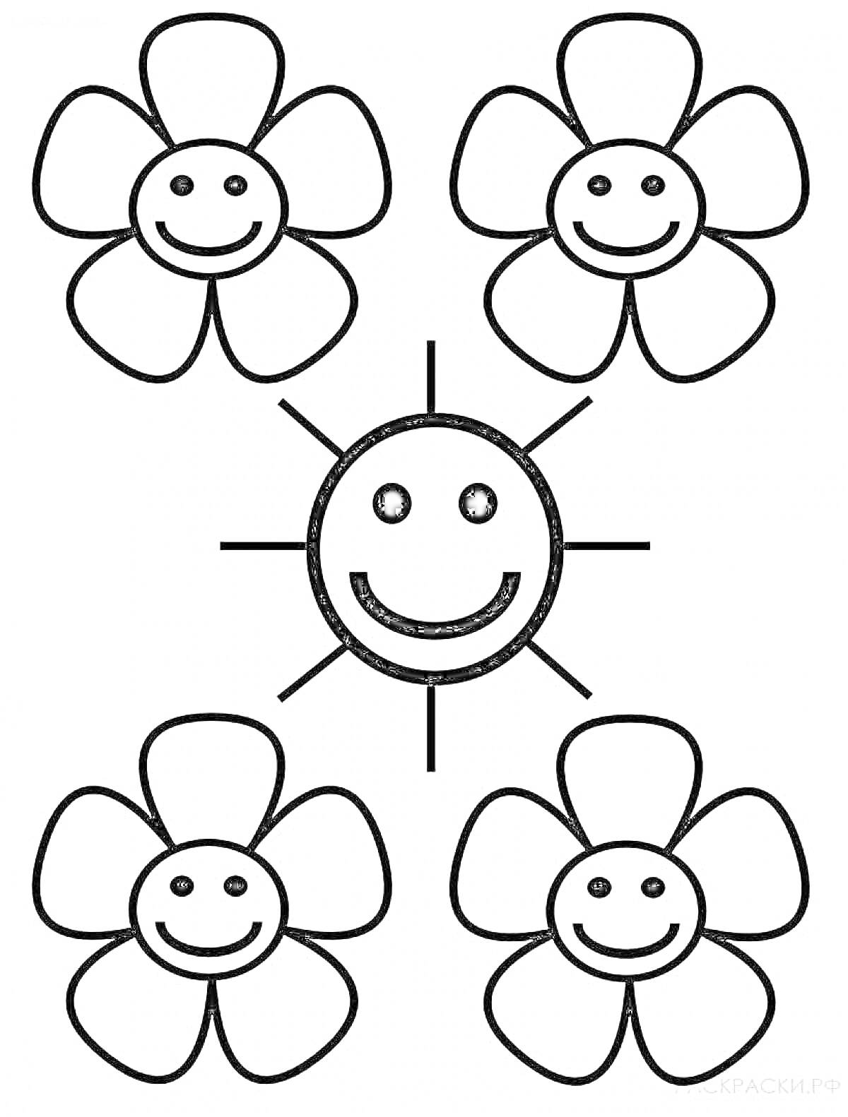 На раскраске изображено: Для детей, Улыбка, Солнце, Цветы, Контурные рисунки