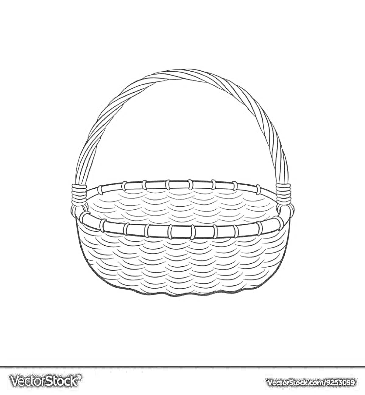 На раскраске изображено: Корзина, Ручка, Плетеная