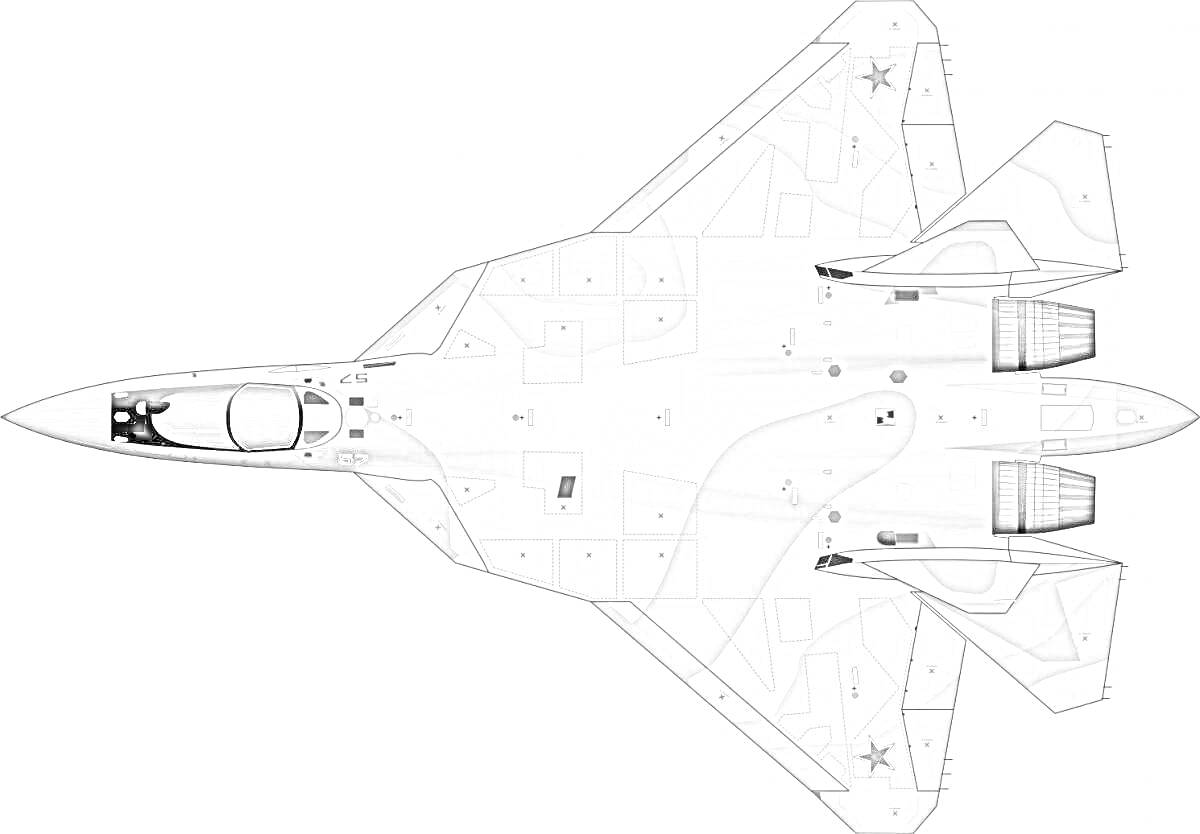 Раскраска Раскраска истребителя Су-57 с изображением сверху, включающая все детали самолета, такие как крылья, фюзеляж, стабилизаторы и двигатели. Также видны звездные знаки на крыльях и хвосте.